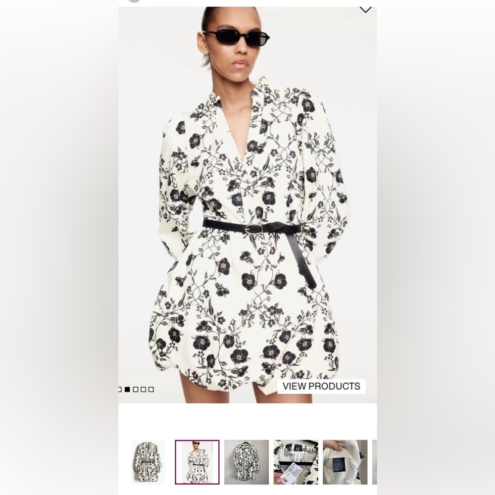 H&M White and Black Floral Button-Up Dress with puff bottom